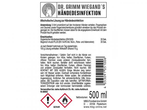 Handdesinfektion Dr.Grimm Wiegands 500ml Flasche
